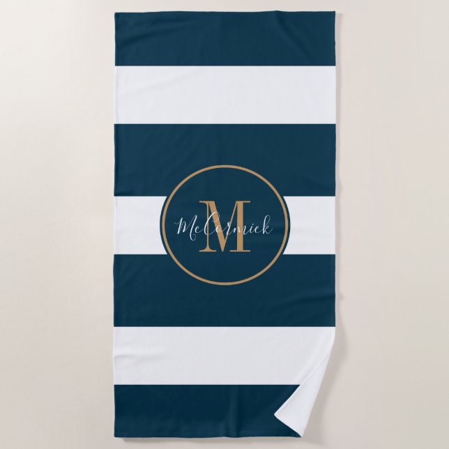 Modern Navy Blue White Striped Gold Monogram Name Beach Towel (Front)