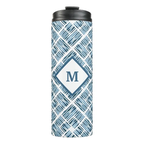 Modern Navy Blue White Striped Monogram Initial Thermal Tumbler