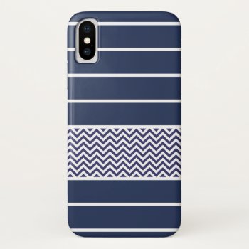 Modern Navy Blue White Stripes Chevron Pattern Iphone X Case by VintageDesignsShop at Zazzle