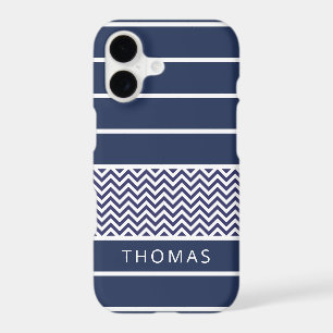 Modern Navy Blue White Stripes Chevron Pattern iPhone 17 Case