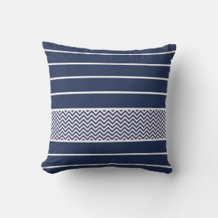 Modern  Navy Blue White Stripes Chevron Pattern Throw Pillow
