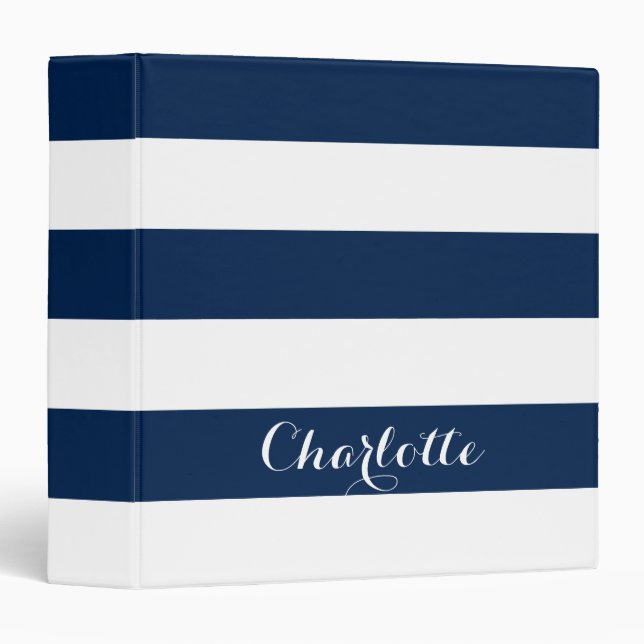 Modern navy blue white stripes custom script name  3 ring binder (Front/Spine)