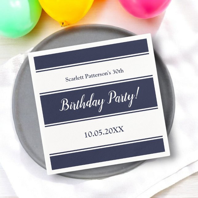Modern Navy Blue White Stripes Elegant Birthday Napkins (Creator Uploaded)