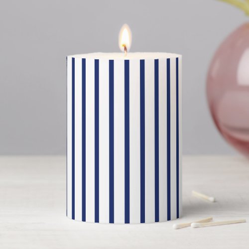 Modern navy blue white vertical stripes pattern pillar candle