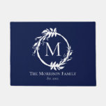 Modern Navy Blue White Wreath Family Name Monogram Doormat at Zazzle