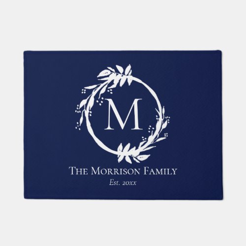 Modern Navy Blue White Wreath Family Name Monogram Doormat