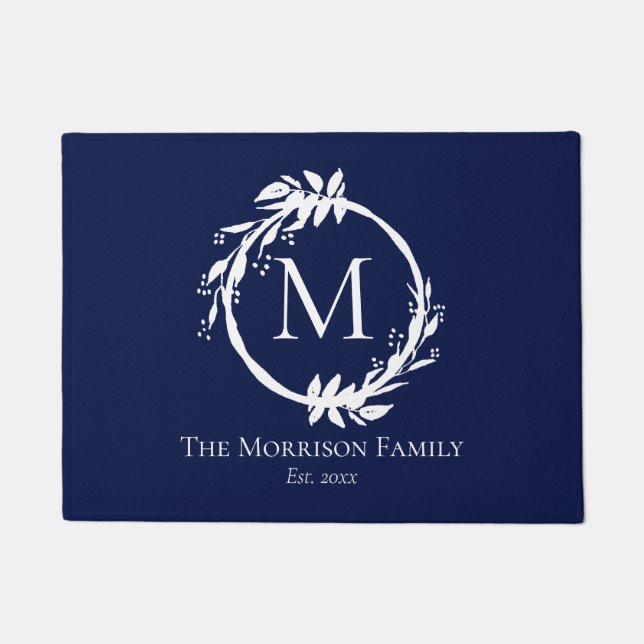 Modern Navy Blue White Wreath Family Name Monogram Doormat (Front)