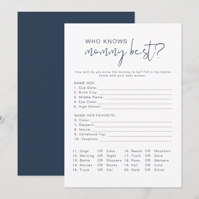 Modern Navy Blue Who Knows Mom Best Game Invitation (Front/Back)