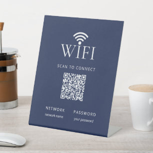 Modern Navy Blue WiFi Network Password QR Code Pedestal Sign