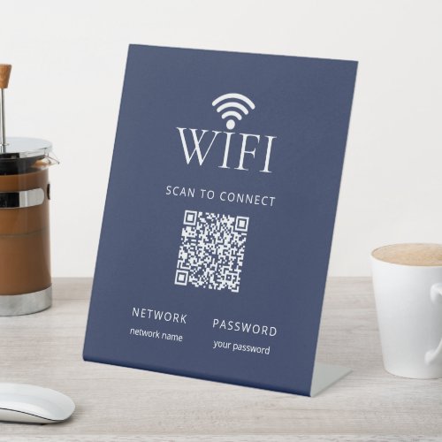 Modern Navy Blue WiFi Network Password QR Code Pedestal Sign