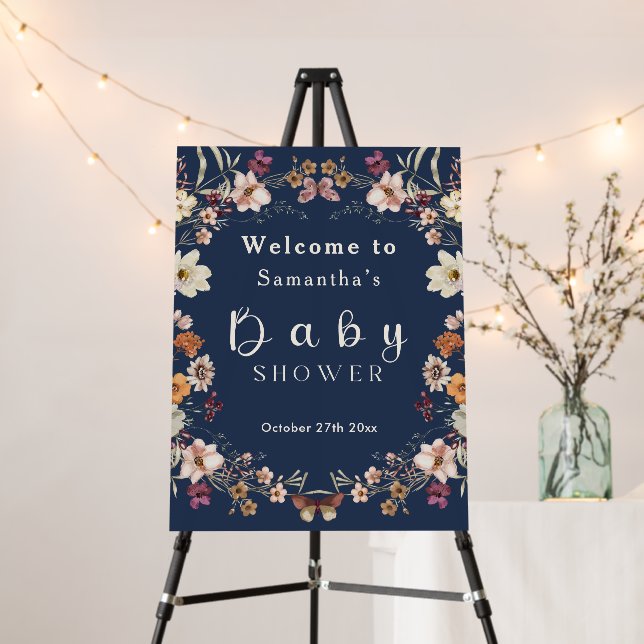 Modern Navy Blue Wildflower Boho Baby Shower Foam Board (In Situ (Stand))