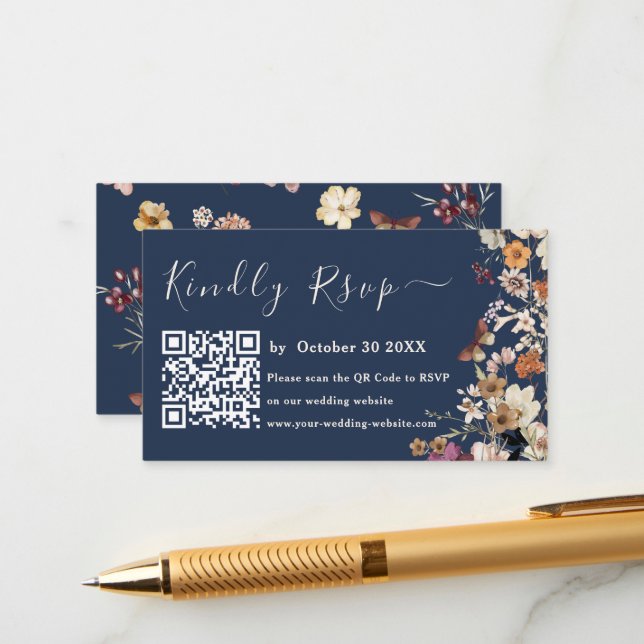 Modern Navy Blue Wildflower Qr Code Rsvp Wedding Enclosure Card (Front/Back In Situ)