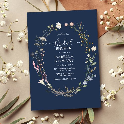 Modern Navy Blue Wildflower Spring Bridal Shower Invitation