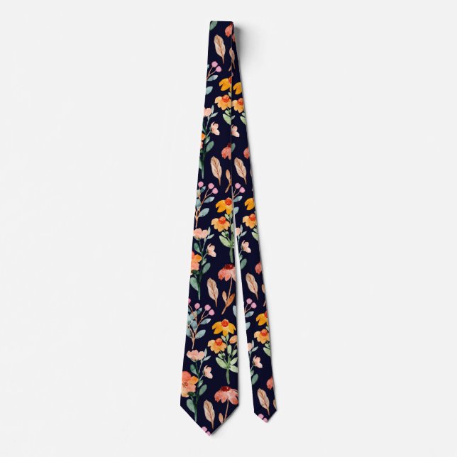 Modern Navy Blue Wildflower Watercolor Pattern Neck Tie (Front)
