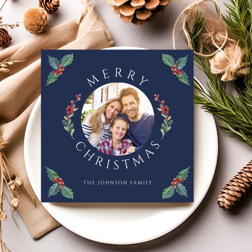 Modern Navy Blue Winter Botanicals Christmas Photo Holiday Card