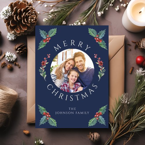 Modern Navy Blue Winter Greenery Christmas Photo  Holiday Card