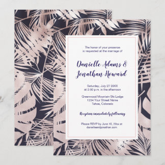 Modern Navy Blue with Pink Leaves Overlay Wedding Invitation