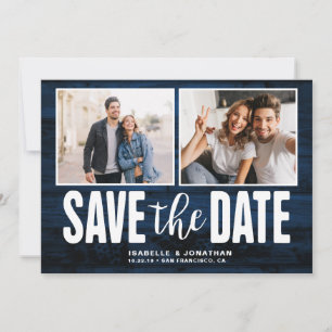 Modern Navy Blue Wood 2 Photo Save the Date