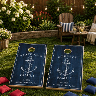 Modern Navy Blue Wood Anchor Monogram Cornhole Set