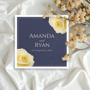 Modern Navy Blue Yellow Rose Floral Wedding Napkins