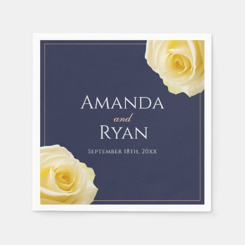 Modern Navy Blue Yellow Rose Floral Wedding Napkins