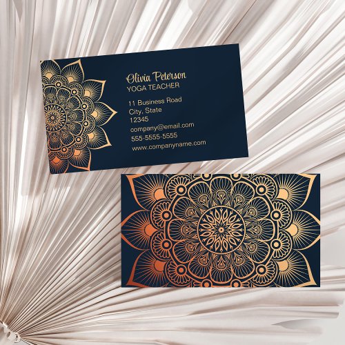 Modern Navy Blue Yoga Teacher Mandala Business Card