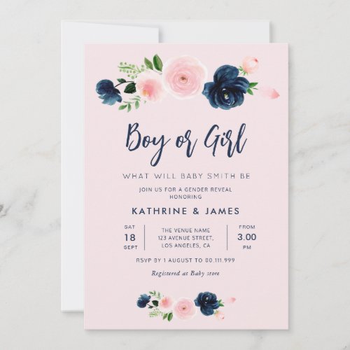 modern navy blush floral gender reveal invitation