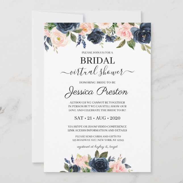 Modern Navy Blush Floral Virtual Bridal Shower Invitation (Front)