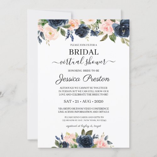 Modern Navy Blush Floral Virtual Bridal Shower Invitation