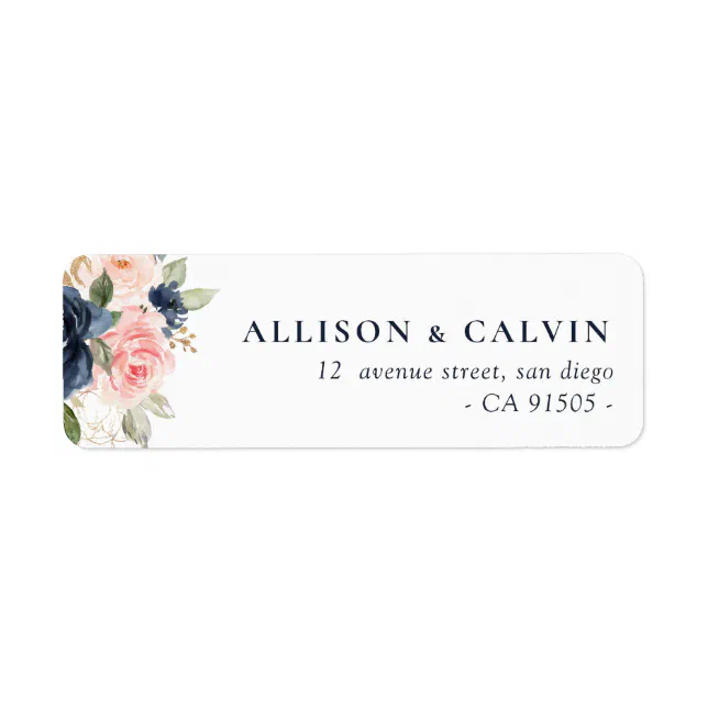 Modern navy blush floral wedding address label | Zazzle