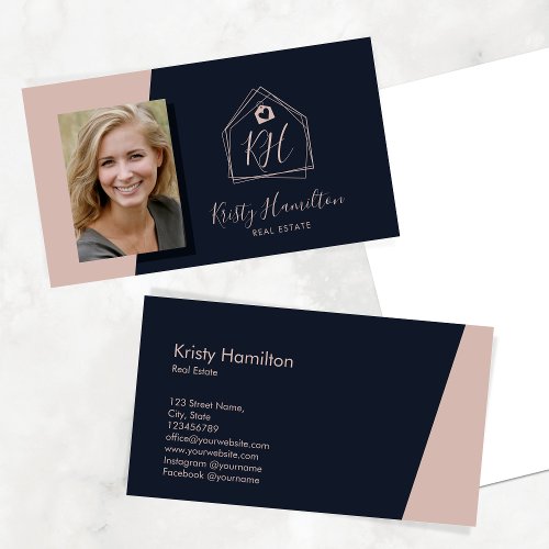 Modern Navy Blush Real Estate Professional Realtor Business Card