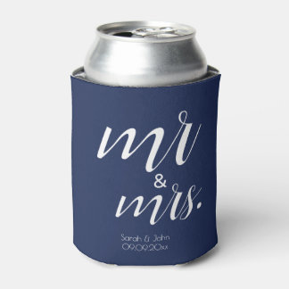 Modern Navy Bold Mr & Mrs Wedding Favors  Can Cooler