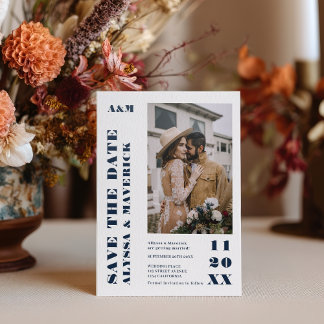 Modern Navy Bold Photo Wedding Save The Date Letterpress Photo Cards