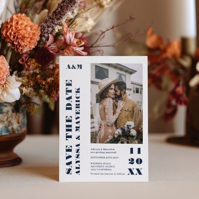 Modern Navy Bold Photo Wedding Save The Date Letterpress Photo Cards (Modern Navy Bold Photo Wedding Save The Date Letterpress Photo Cards)