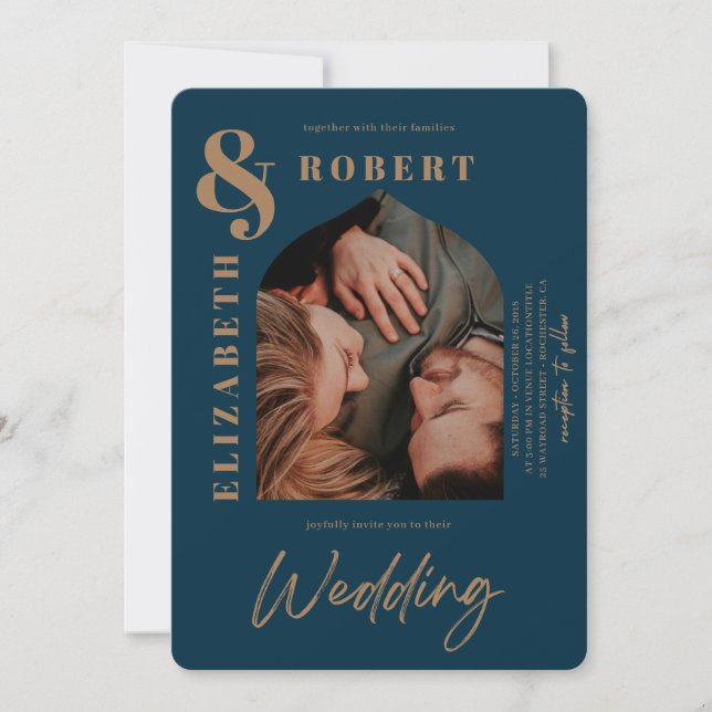 Modern Navy Bold Stylish Bold Arched Photo Wedding Invitation (Front)