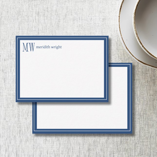 Modern Navy Border Monogram  Note Card (Creator Uploaded)