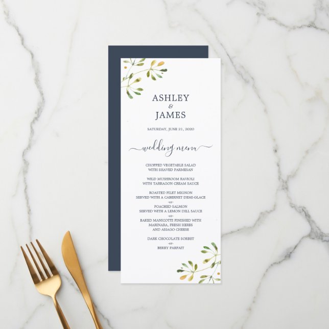 Modern Navy Botanical Wedding Menu (Front/Back In Situ)