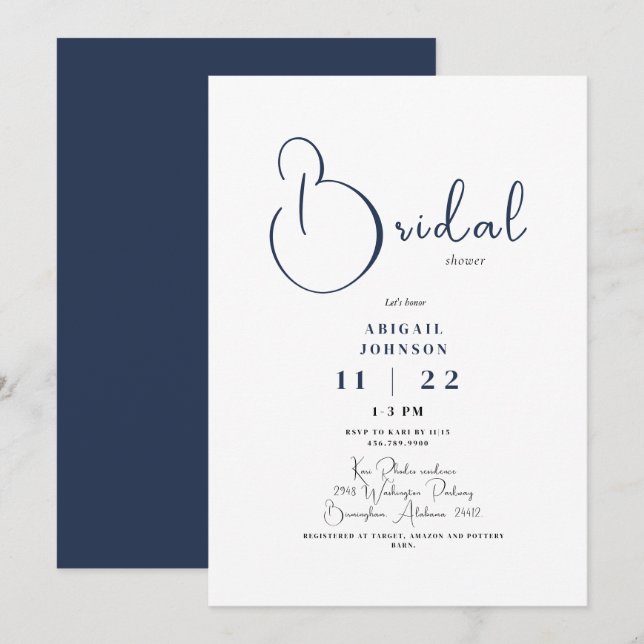 Modern Navy Bridal Shower Invitation (Front/Back)