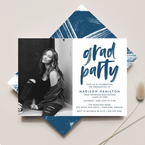 Modern Navy Brush Script Photo Graduation Party Invitation