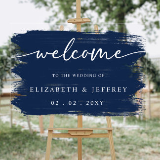 Modern Navy Brush Strokes Wedding Welcome Acrylic Sign