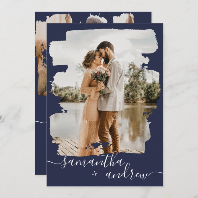 Modern navy  brushstroke script 2 photos wedding invitation (Front/Back)