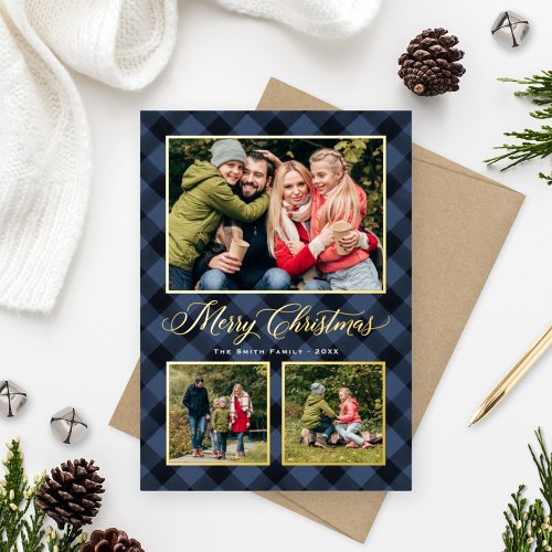 Modern Navy Buffalo Plaid Christmas Photo Collage Foil Holiday Card