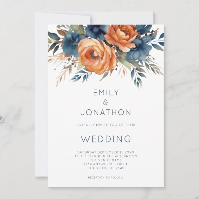 Modern Navy Burnt Orange Florals QR Code Wedding Invitation (Front)