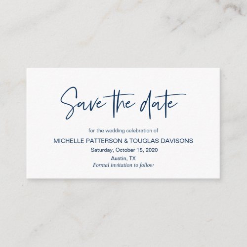 Modern Navy casual elegance font Save the date Enclosure Card