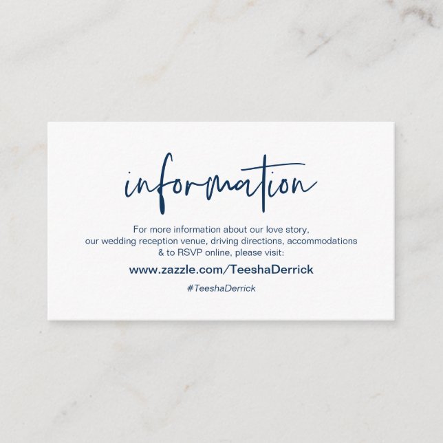 Modern Navy casual elegance font, Wedding Details Enclosure Card (Front)