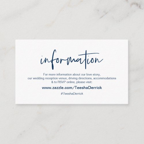 Modern Navy casual elegance font Wedding Details Enclosure Card