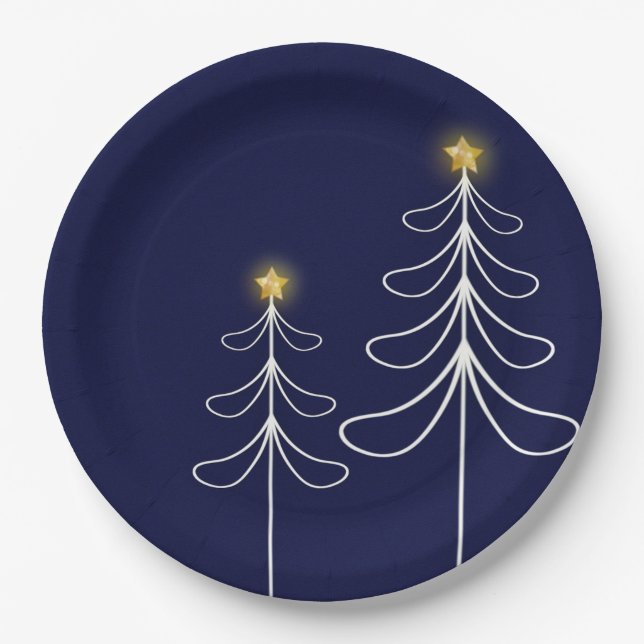 Modern Navy Christmas Tree Graphic Paper Plates (Front)