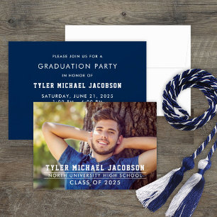 Modern Navy Class of 2025 Photo Graduation Party Invitation