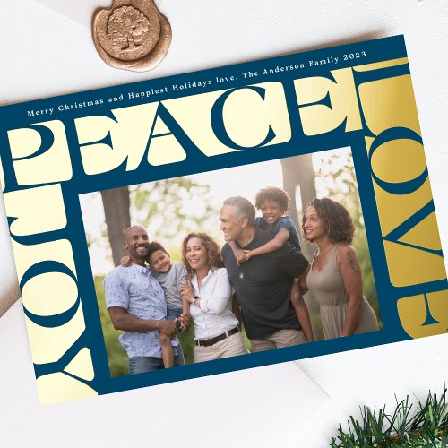 Modern Navy colorful LOVE PEACE JOY photo frame Foil Holiday Card