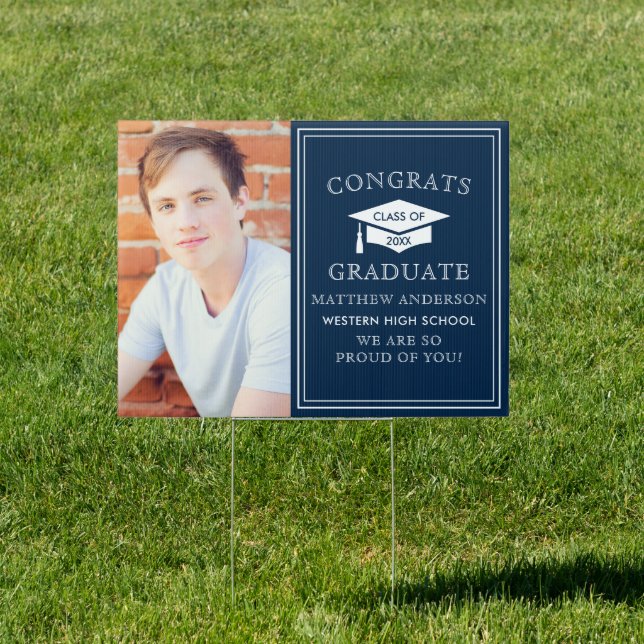 Modern Navy Congrats Graduation Photo Yard Sign (Insitu)